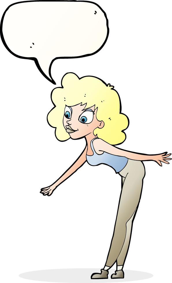 cartoon woman reaching to pick something up with speech bubble vector