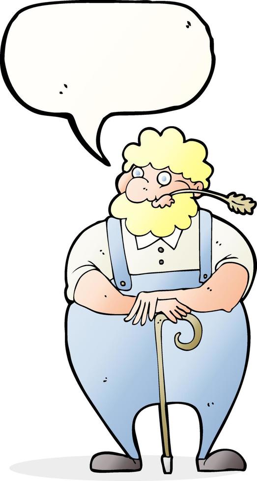 granjero de dibujos animados apoyado en un bastón con burbuja de habla vector