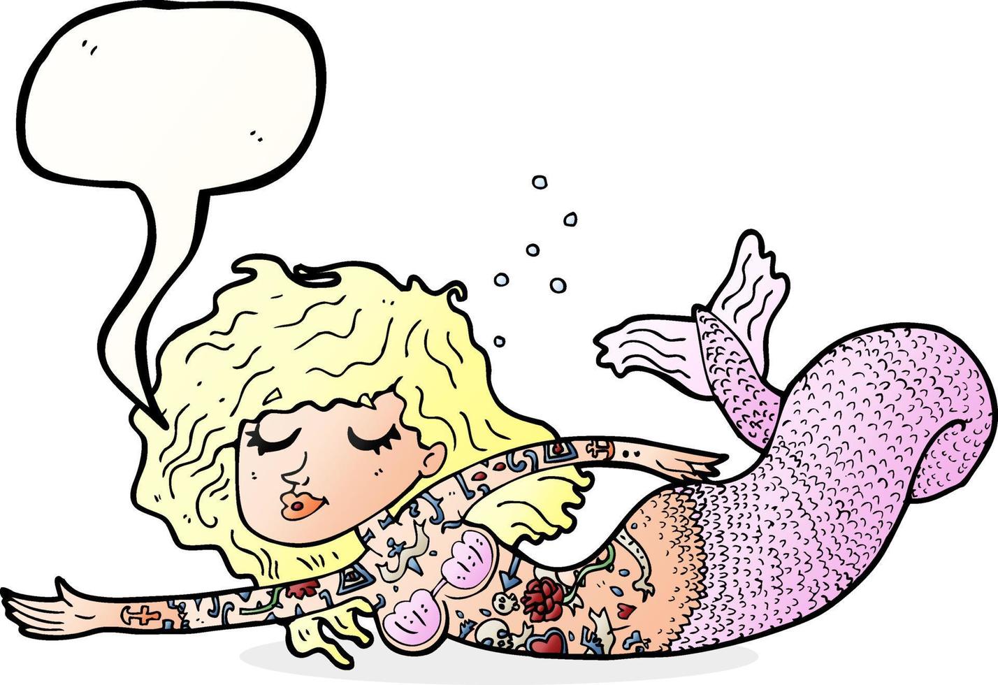 cartoon mermaid covered in tattoos with speech bubble vector