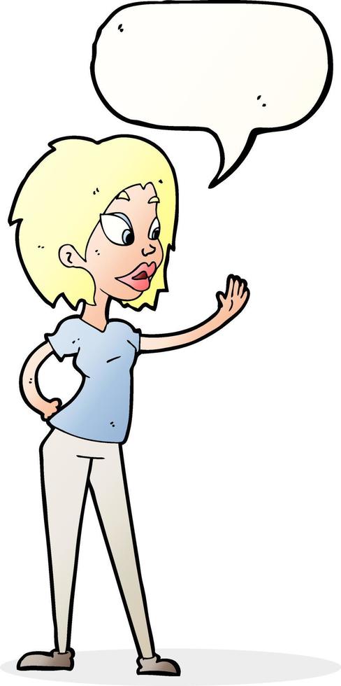 cartoon woman waving with speech bubble vector