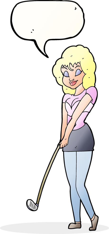 cartoon woman playing golf with speech bubble vector