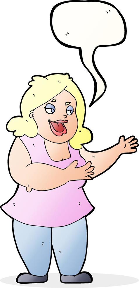 caricatura, feliz, mujer gorda, con, burbuja del discurso vector