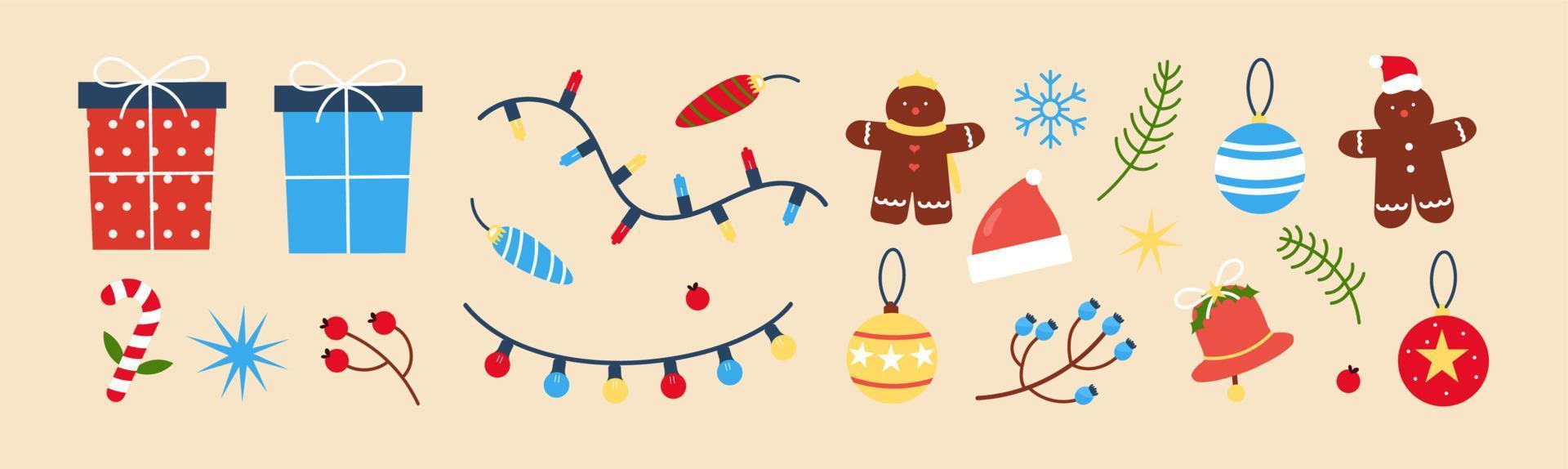 Christmas collection element with traditional Christmas symbols and decorative elements. Vintage style with traditional Christmas and New Year elements. Hand drawn flat vector illustration.