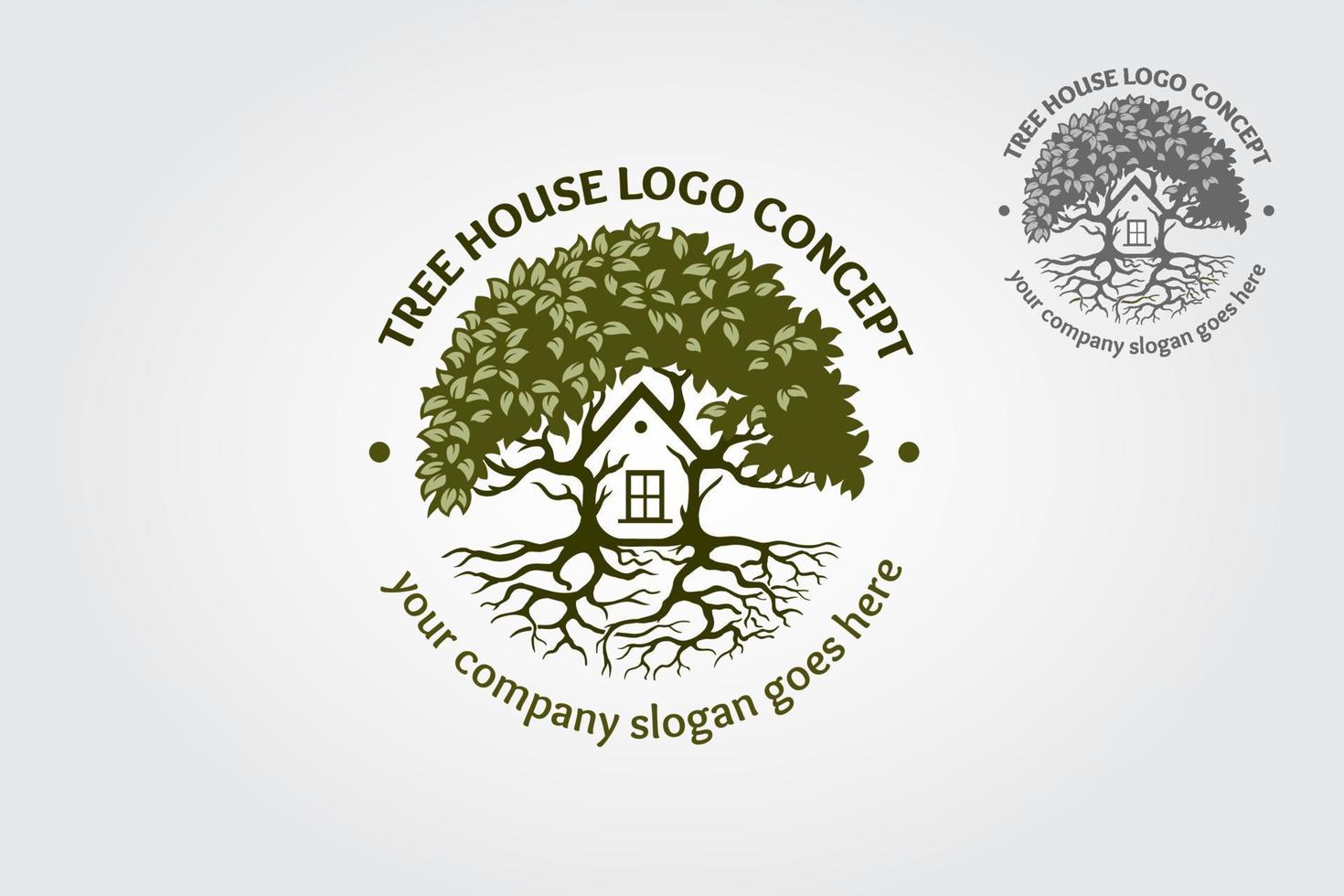 Tree House logo Template. The main symbol of the logo is a tree, but here incorporate with the house this logo symbolizes a neighborhood, protection, peace, growth, and care or concern to development. vector