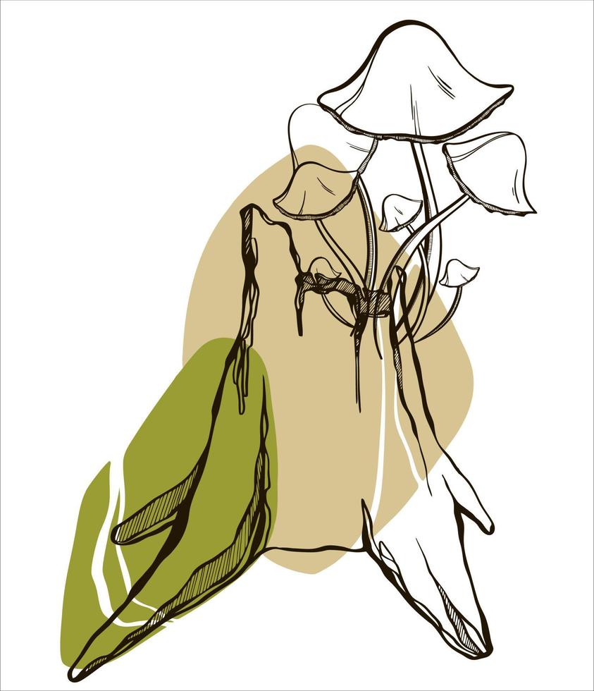 Stump of an old tree with mushrooms in line art style on a gray background. Vector hand-drawn illustration. Isolated elements on a white background.