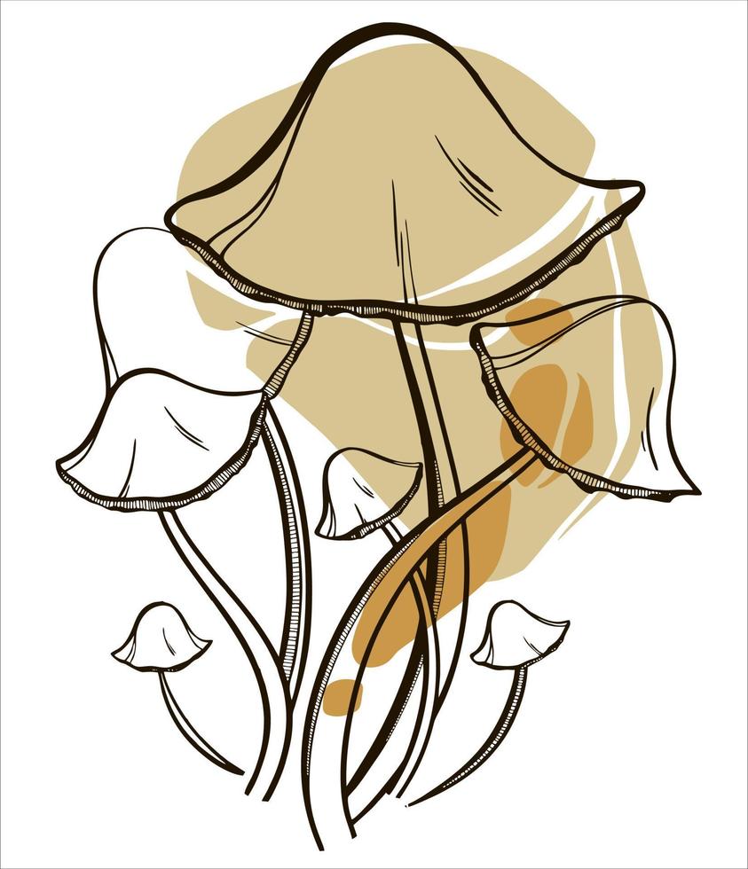 Mushroom family honey agaric in line art style on a gray background. Vector hand-drawn illustration. Isolated elements on a white background.