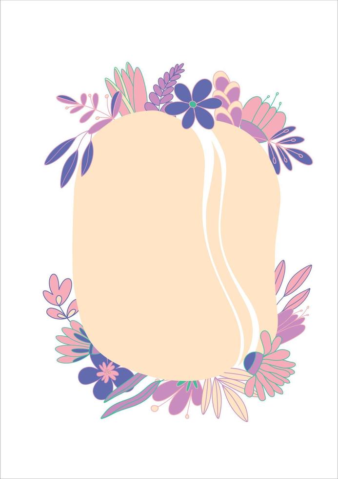 Frame with floral composition in pink-lilac tones. Lovely flowers in Very Peri color vector background. Festive floral decor. Wedding invitation. Colorful vector art design.