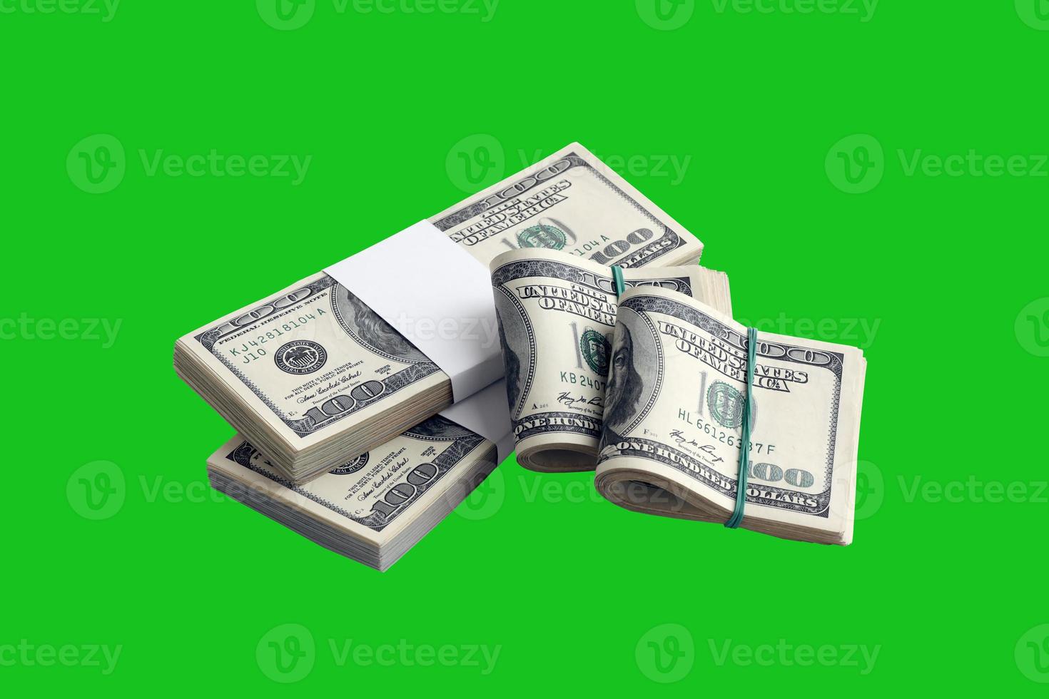 Bundle of US dollar bills isolated on chroma keyer green. Pack of american money with high resolution on perfect green mask photo