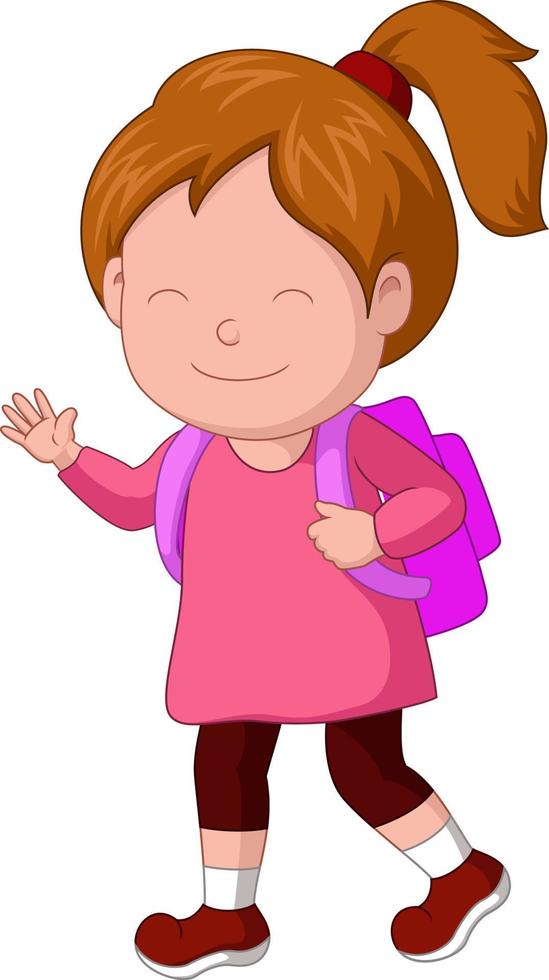 Cute little school girl cartoon waving hand vector