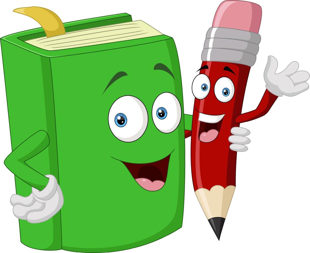 Cute book and pencil cartoon vector