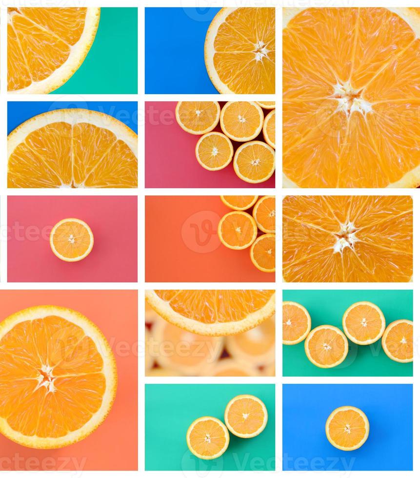 A collage of many pictures with juicy oranges. Set of images with fruits and different colors photo