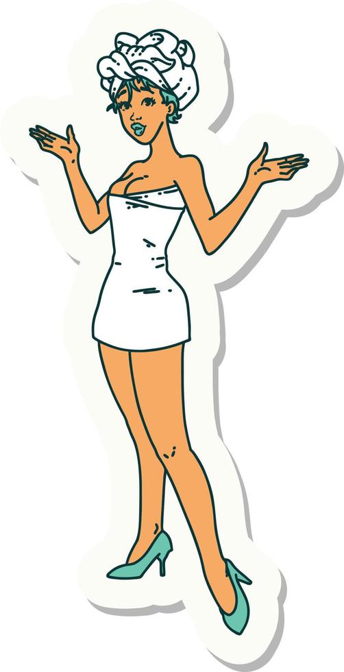 sticker of tattoo in traditional style of a pinup girl in towels vector