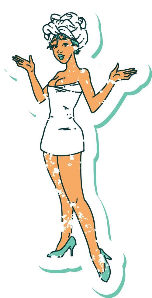 distressed sticker tattoo in traditional style of a pinup girl in towels vector