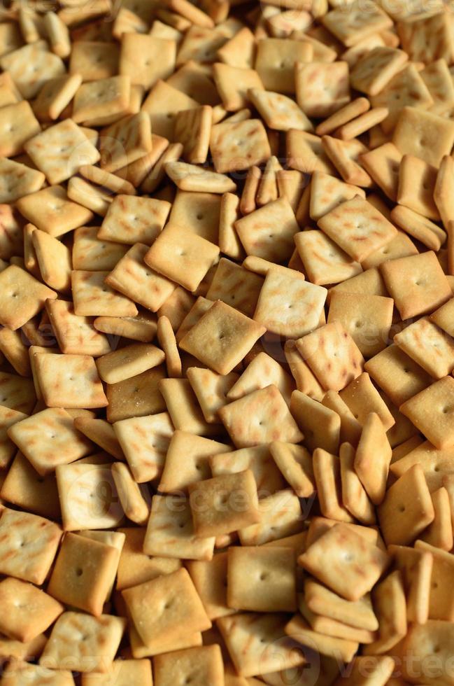 Background texture of small edible squares baked from dough and sprinkled with salt. A lot of salt cracker photo