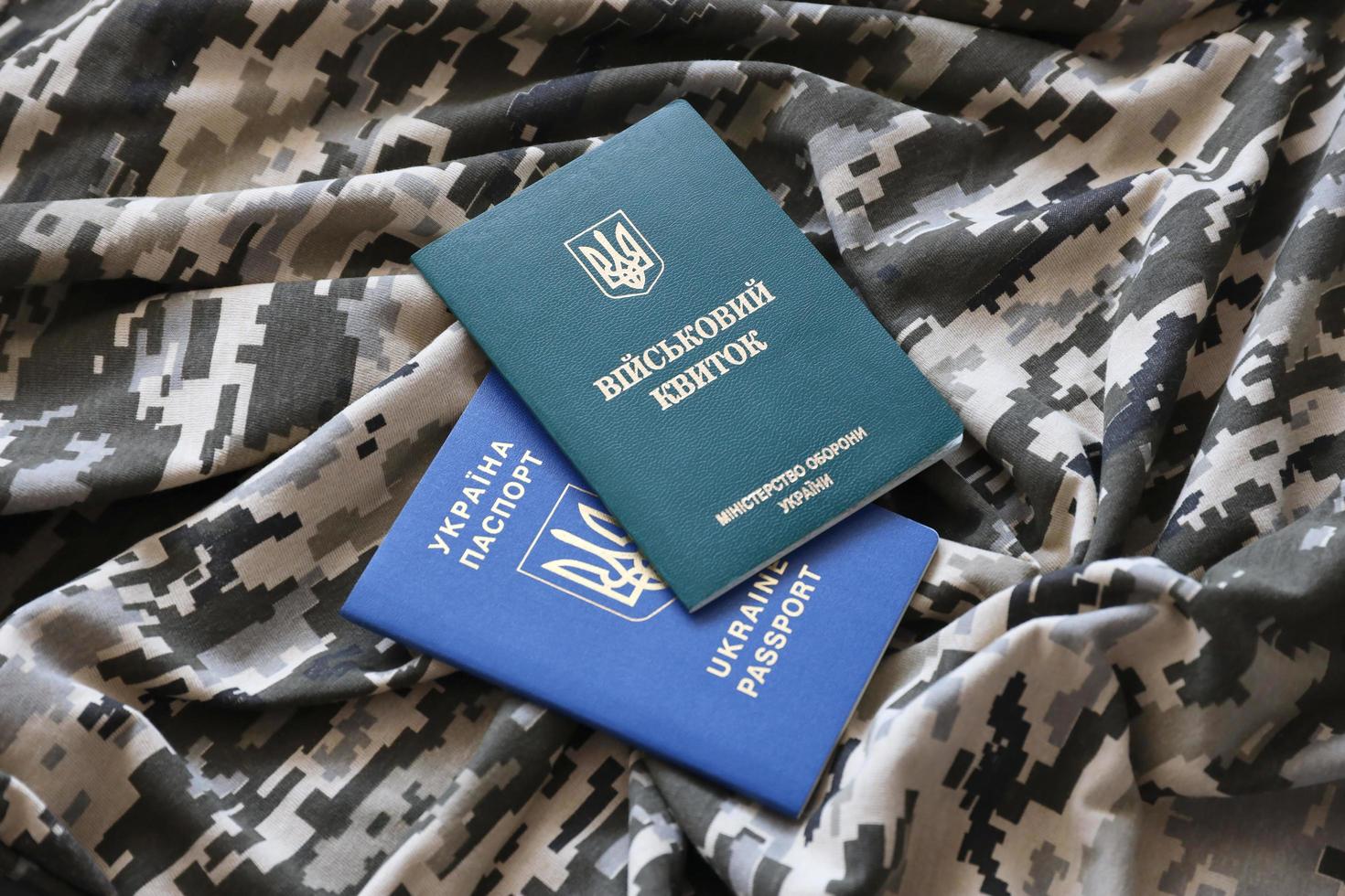 SUMY, UKRAINE - MARCH 20, 2022 Ukrainian military ID and foreign passport on fabric with texture of pixeled camouflage. photo