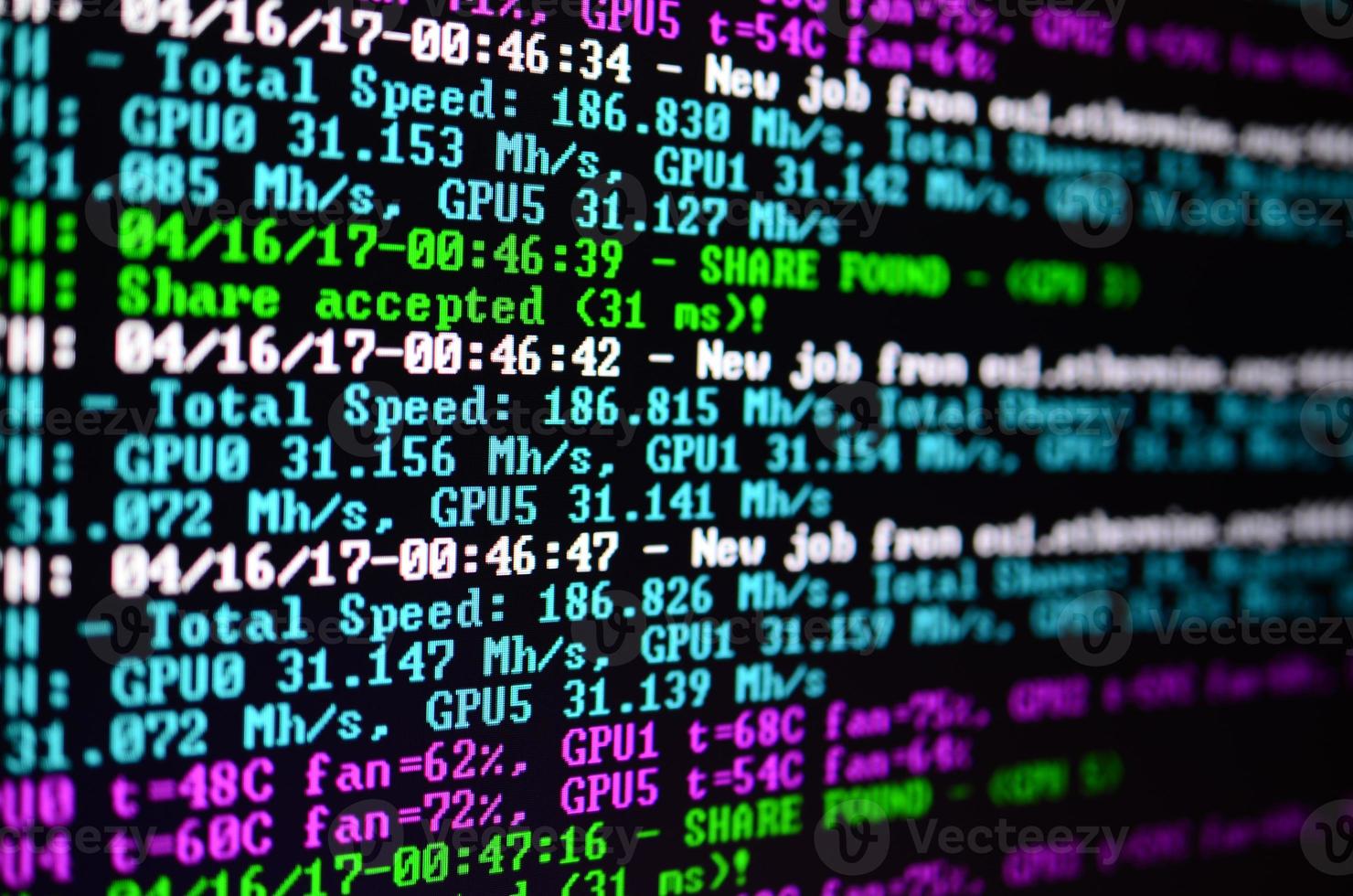 Macro snapshot of the program interface for crypto currency mining on the monitor of an office computer. The concept of mining bitcoins. The flow of information strings and data photo