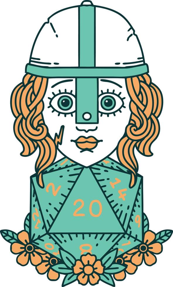 Retro Tattoo Style human fighter with natural 20 D20 dice roll vector