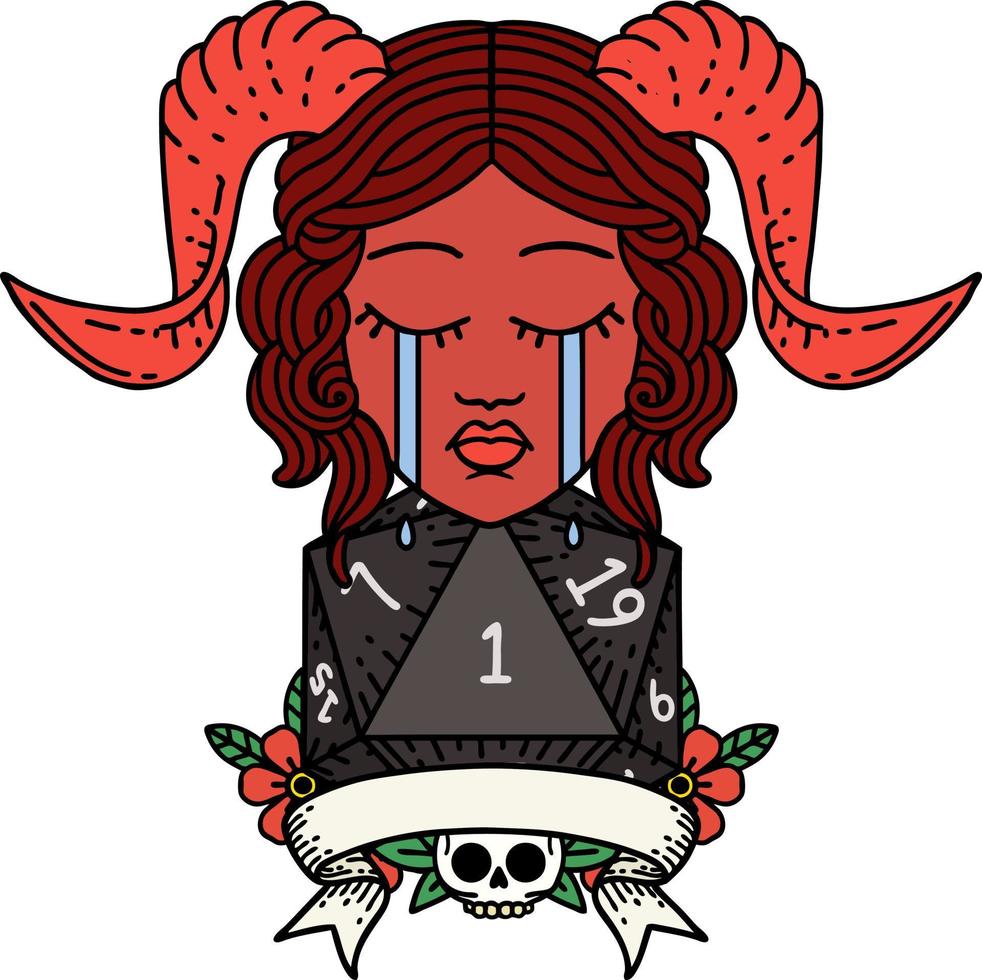 Retro Tattoo Style crying tiefling face with natural one d20 vector
