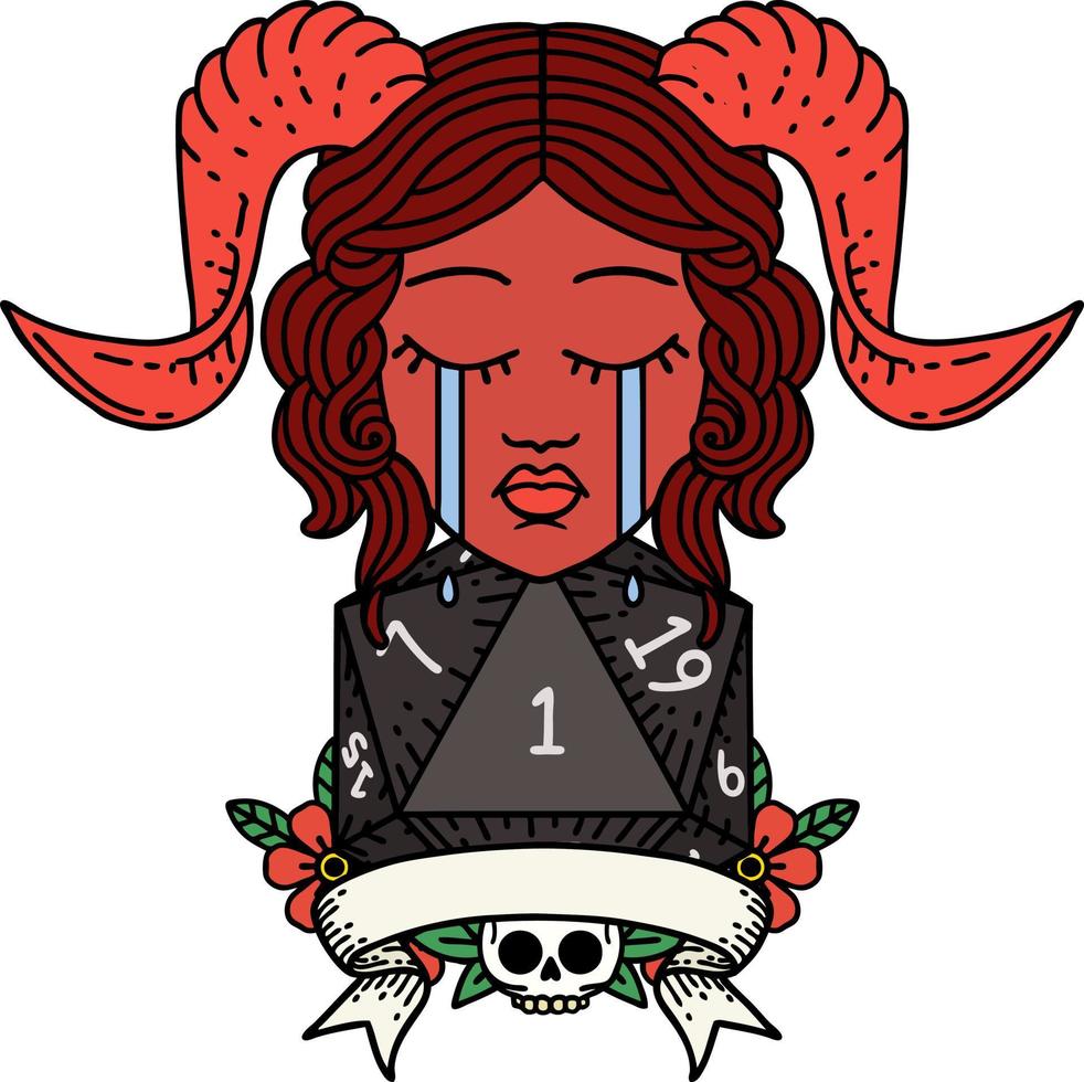 estilo de tatuaje retro llorando cara de tiefling con uno natural d20 vector