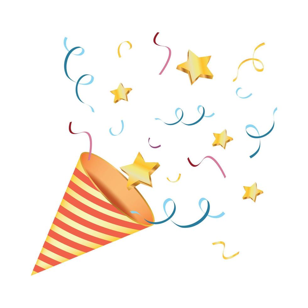 Exploding party popper with confetti, golden stars and paper ribbon, bright cartoon birthday cracker. Isolated vector illustration of celebration symbol emoji.