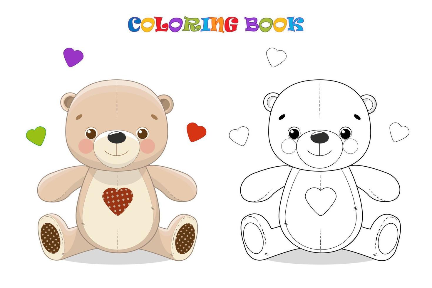 Cartoon Teddy bear with hearts. Coloring page and colorful clipart. Cute design for t shirt print, icon, logo, label, patch or sticker.  illustration. vector