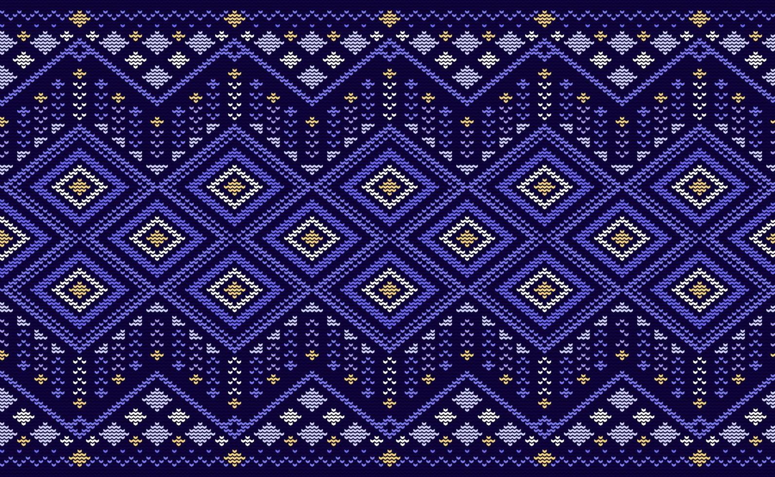 Knitted ethnic pattern, Vector embroidery crochet background, Purple and yellow pattern ikat element