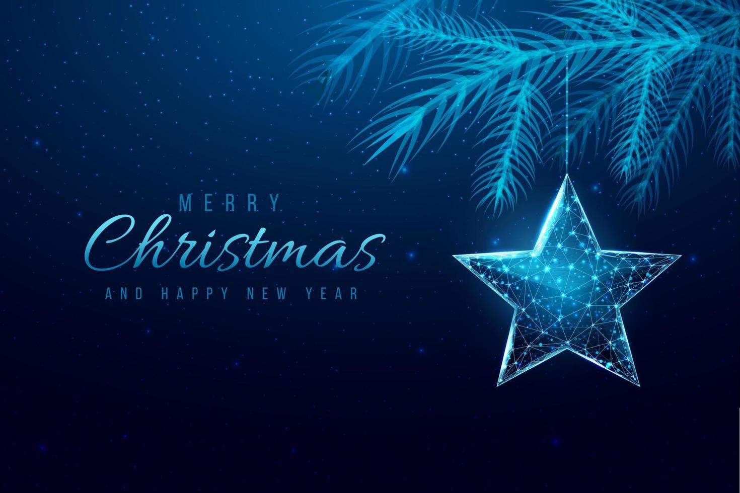 Wireframe Christmas star and Christmas tree branches, low poly style. New Year banner. Abstract modern 3d vector illustration on blue background.