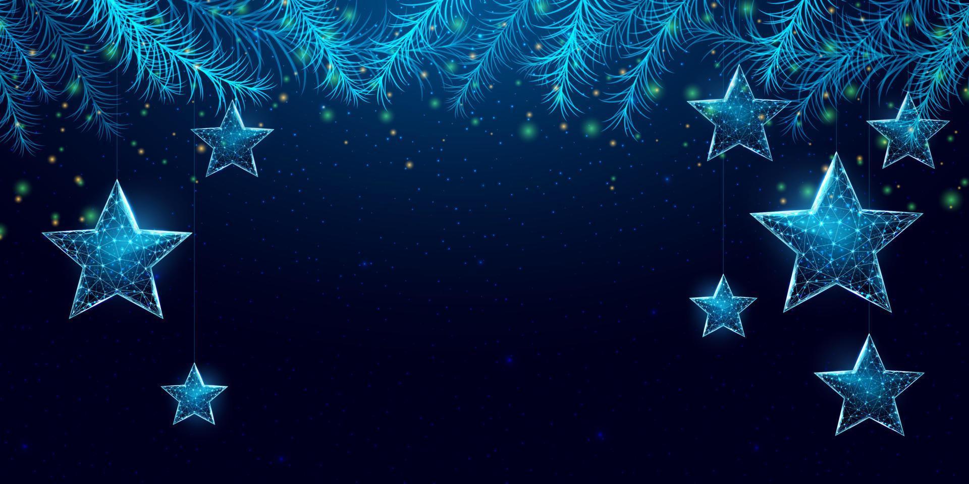 Wireframe Christmas stars and Christmas tree branches, low poly style. New Year banner. Abstract modern 3d vector illustration on blue background.