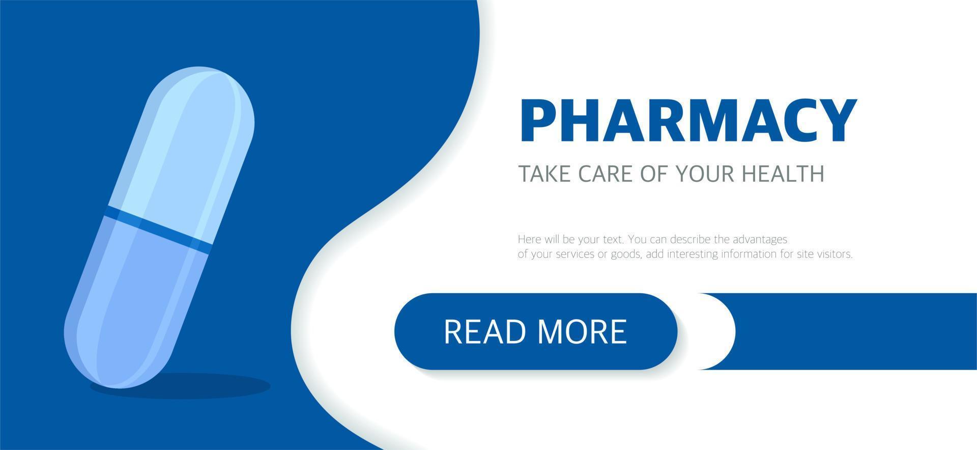 Landing page of the pharmacy website. The concept of medicine and health. Vector illustration in a flat style on a blue background