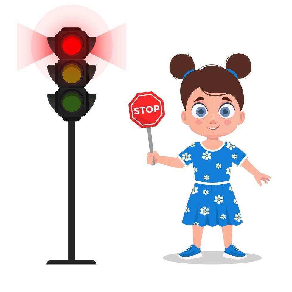 Child with stop sign. The traffic light shows a red signal vector