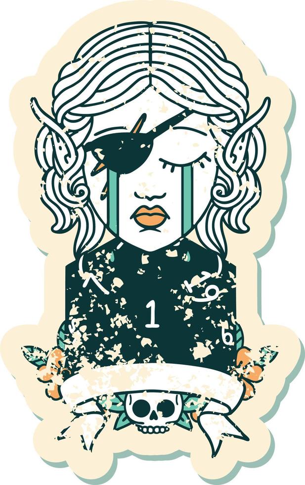 Retro Tattoo Style crying elf rogue character with natural one D20 roll vector