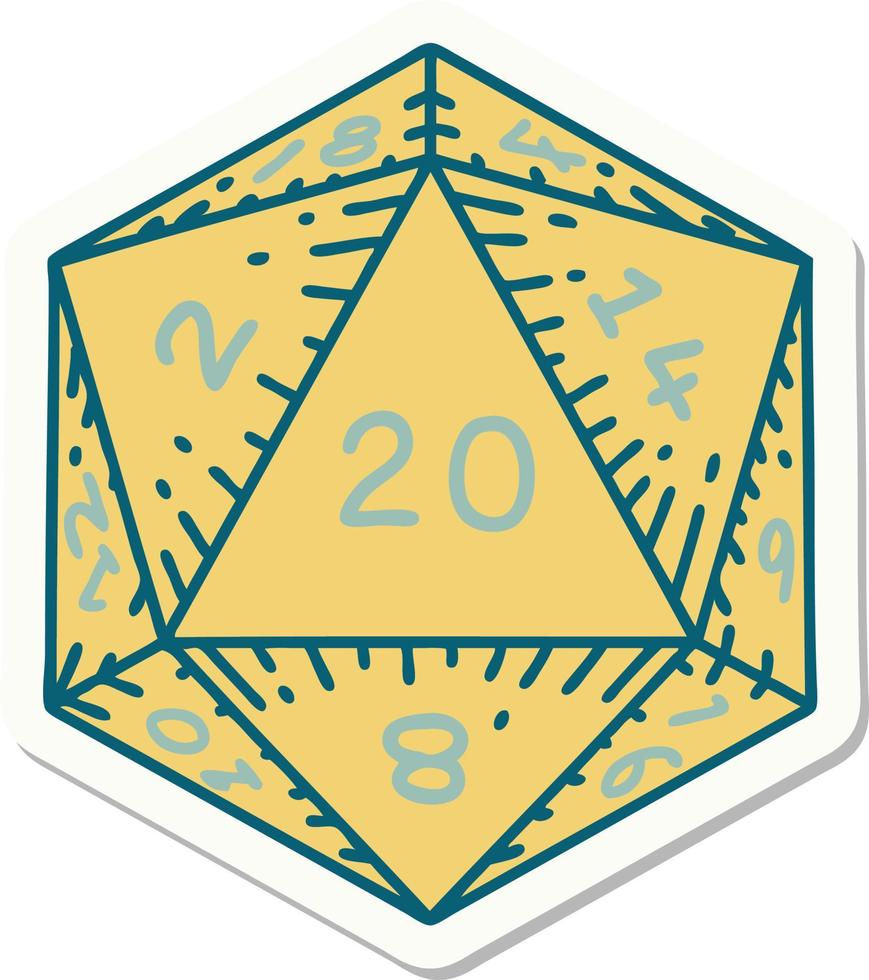 sticker of a natural 20 D20 dice roll vector