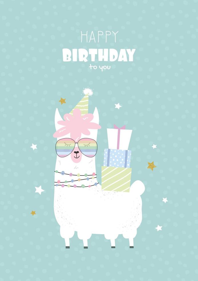 Birthday greeting card with a llama. Funny alpaca wearing a birthday cap and presents. Template for children's room decoration, poster, baby shower. vector