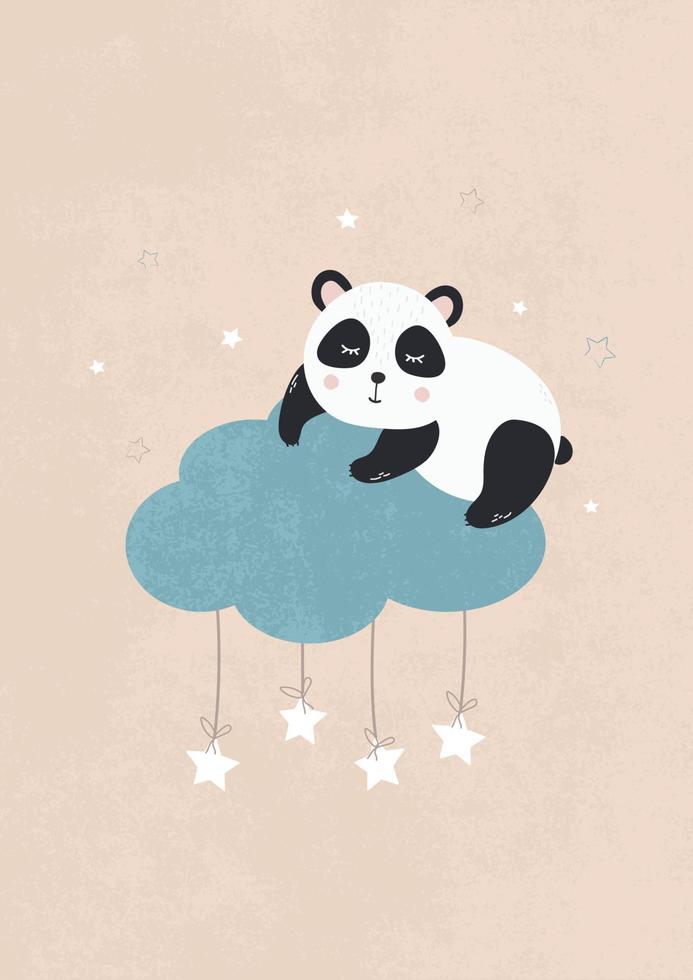 Cute sleeping panda bear on a cloud for baby. Funny panda character children's poster in brown, beige colours. Vector illustration