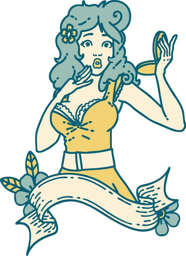 iconic tattoo style image of a pinup surprised girl with banner vector