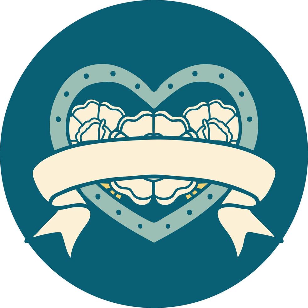 iconic tattoo style image of a heart and banner with flowers vector