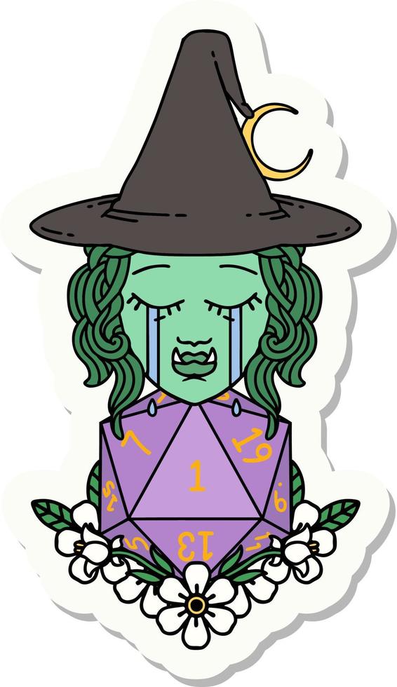 sticker of a crying half orc witch with natural one D20 dice roll vector