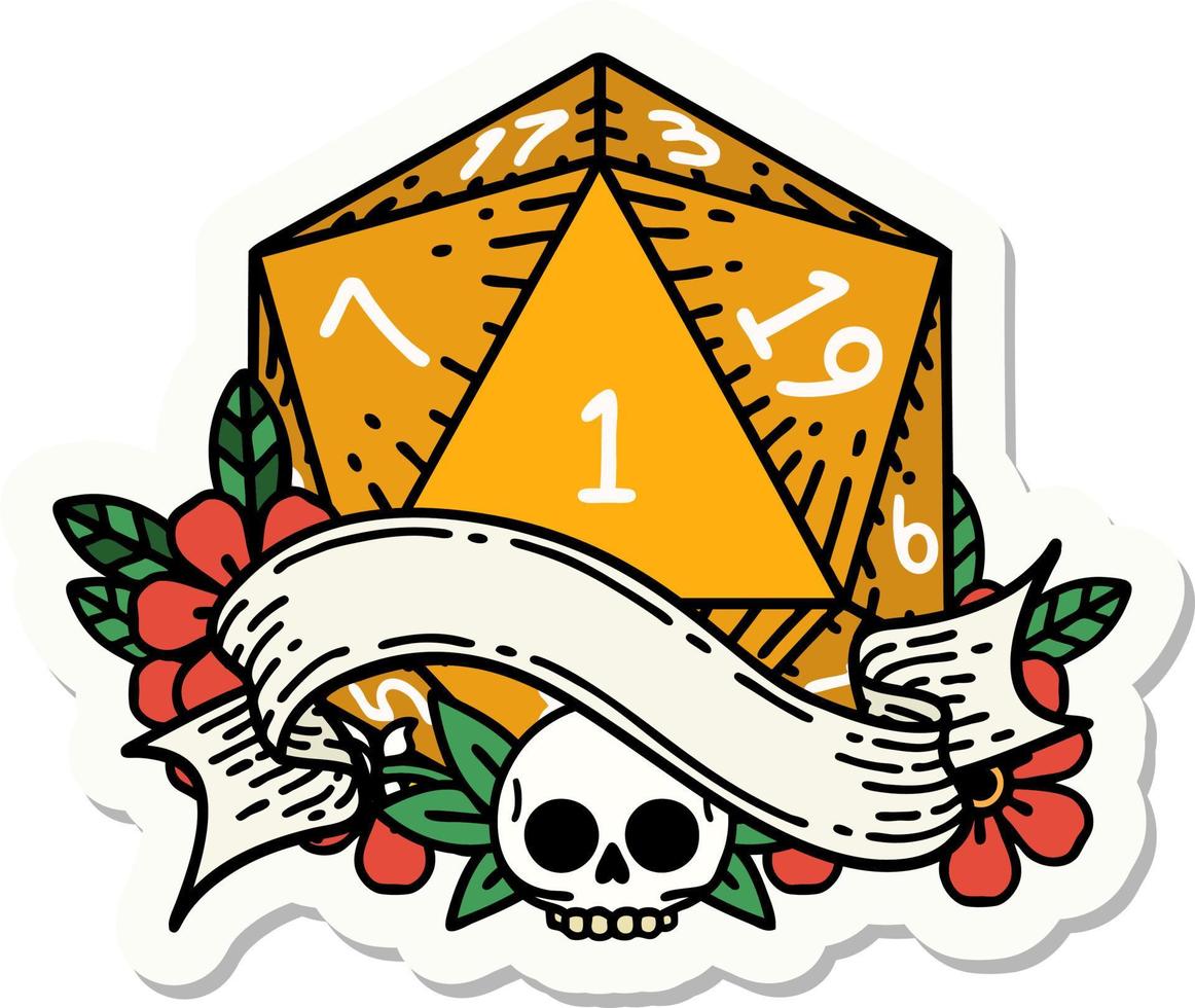 sticker of a natural one d20 dice roll vector