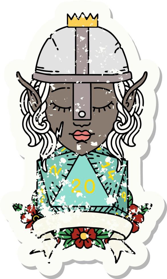 Retro Tattoo Style elf fighter with natural 20 dice roll vector