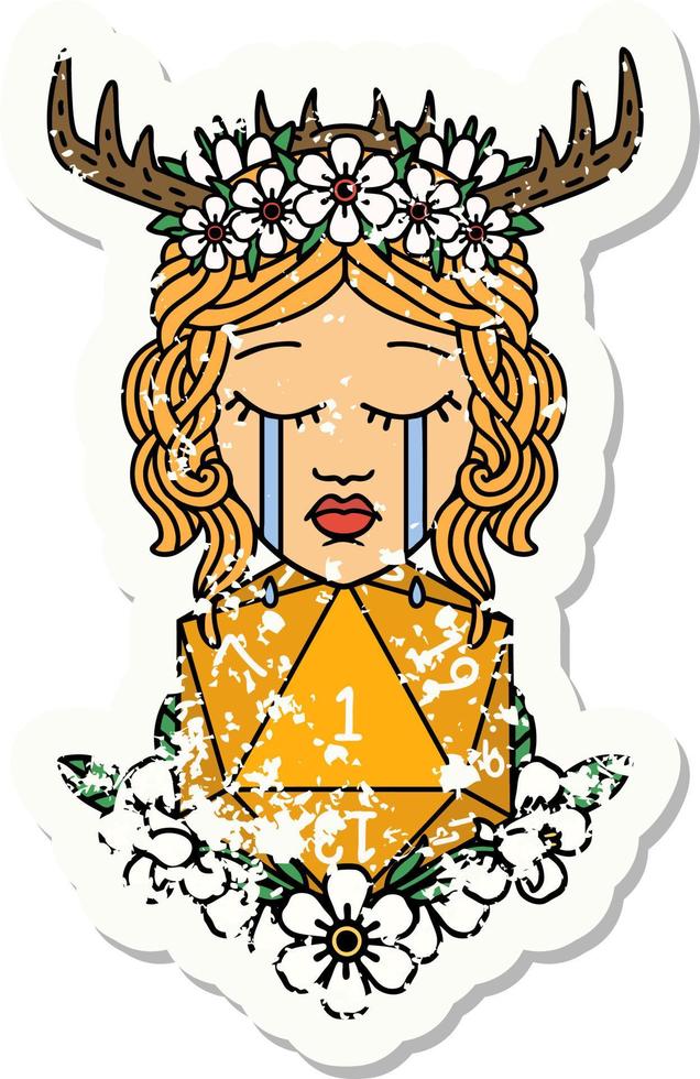 grunge sticker of a crying human druid with natural one D20 roll vector