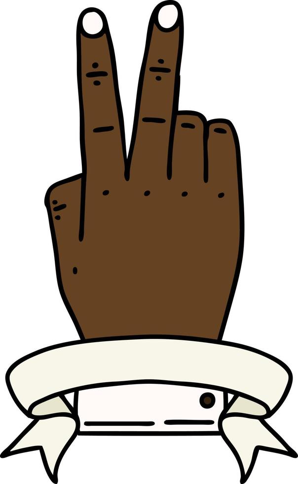 Retro Tattoo Style victory v hand gesture with banner vector