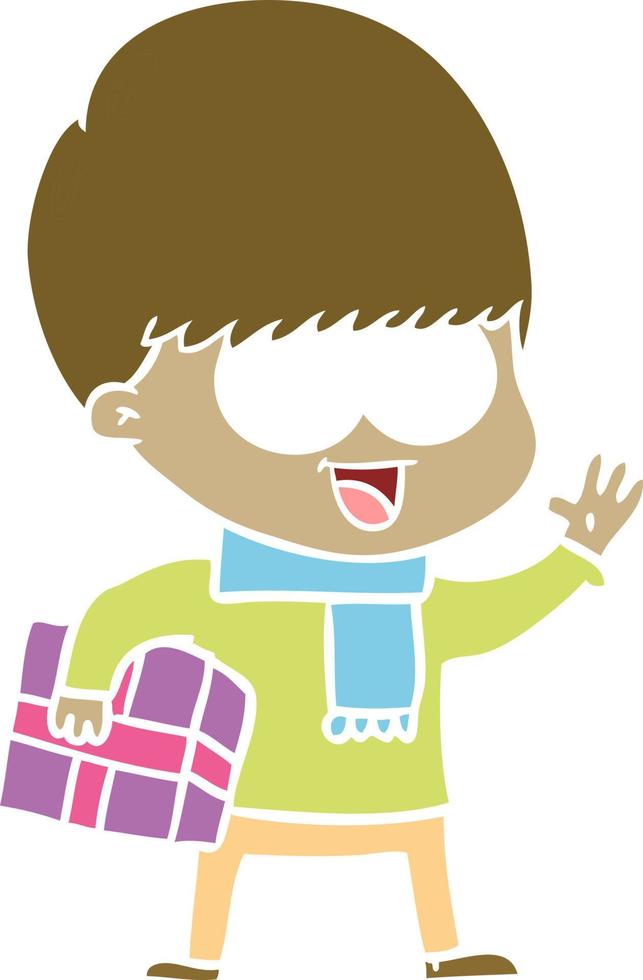 happy flat color style cartoon boy with present vector