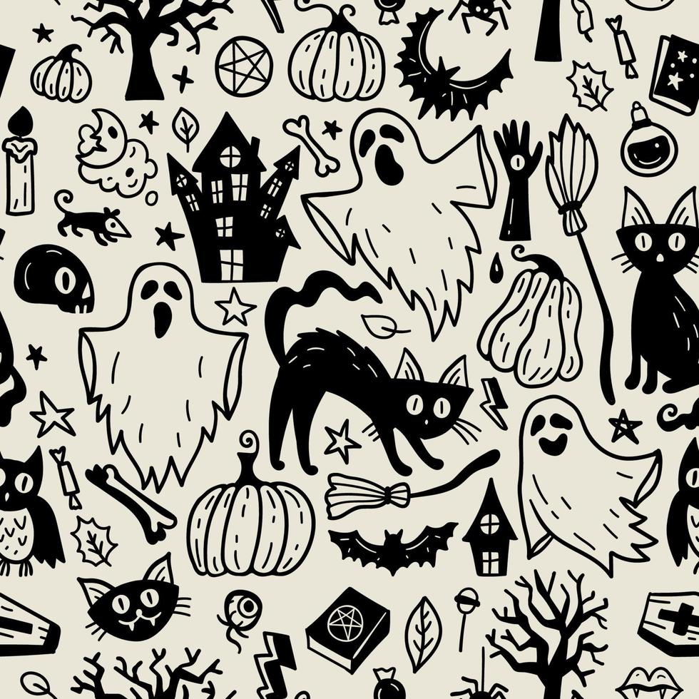 Monochrome seamless pattern of horror Halloween hand drawn doodle elements. vector