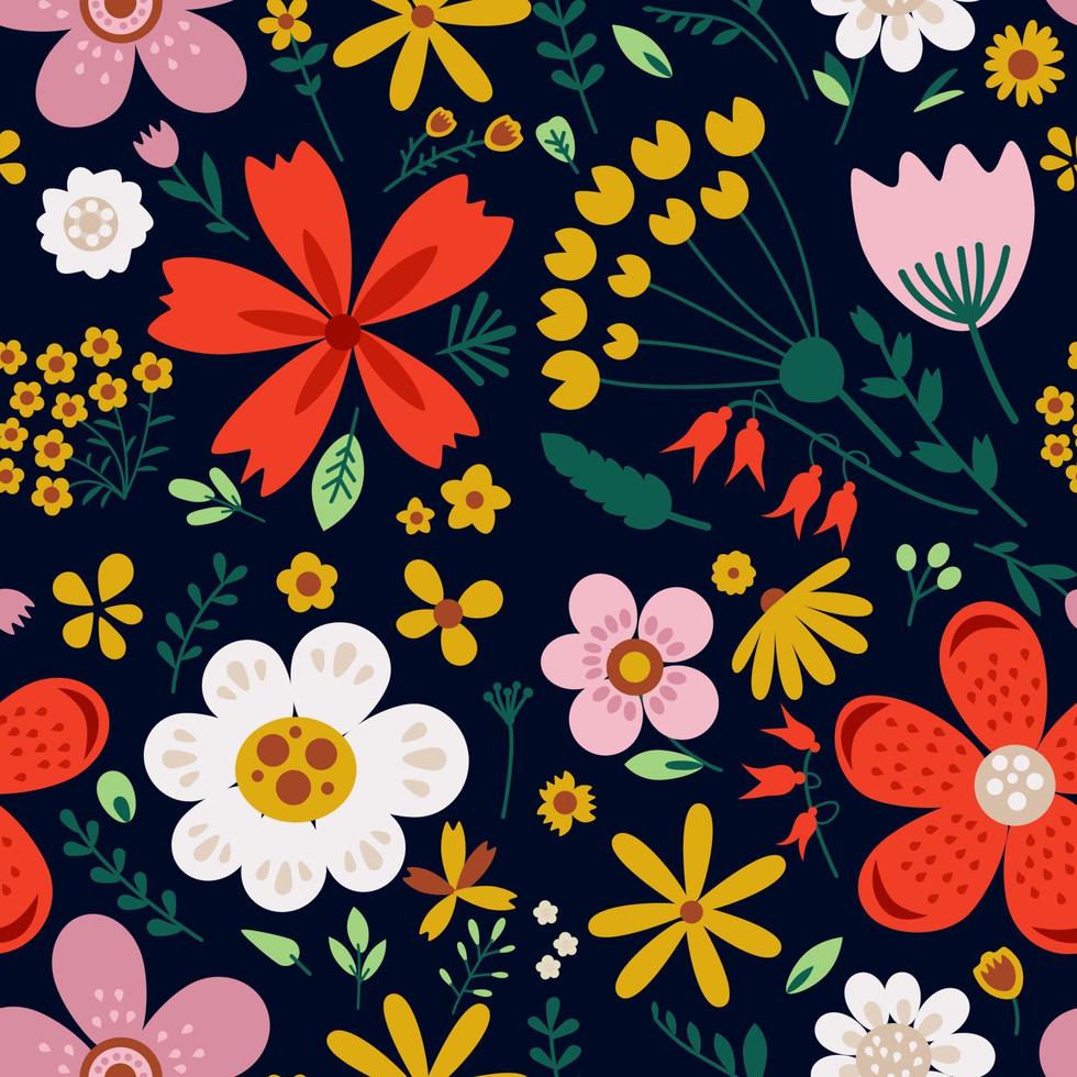 Amazing floral vector seamless pattern of bright colorful vintage flowers