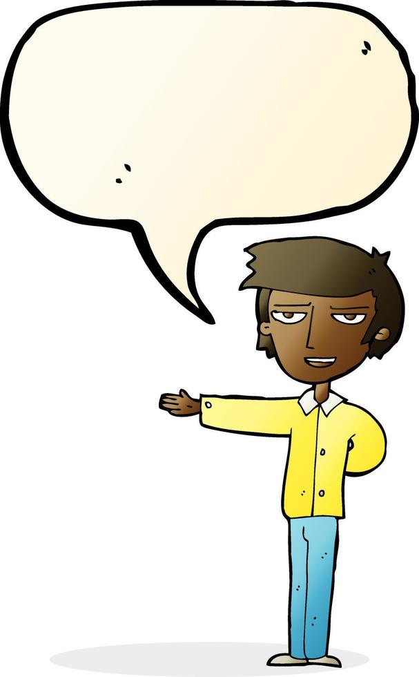cartoon man gesturing welcome with speech bubble vector