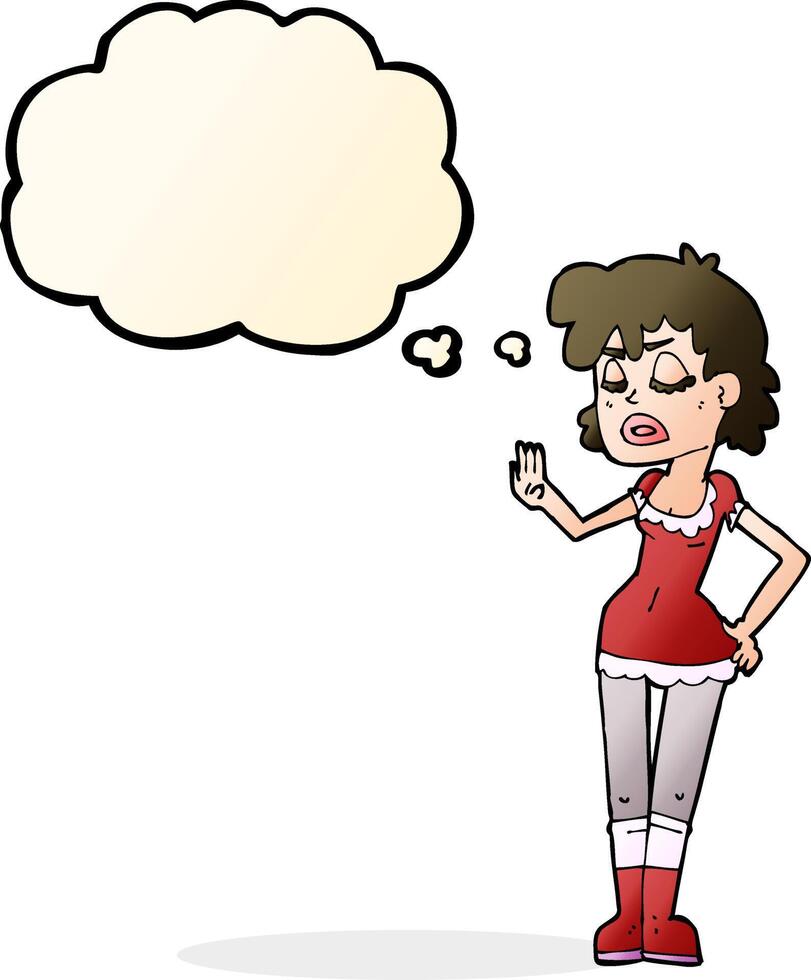 cartoon woman making dismissive gesture with thought bubble vector