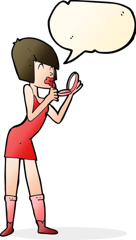 cartoon woman applying lipstick with speech bubble vector