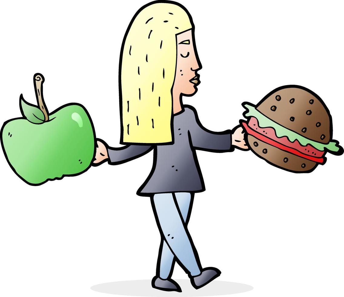 mujer de dibujos animados decidiendo comer sano vector