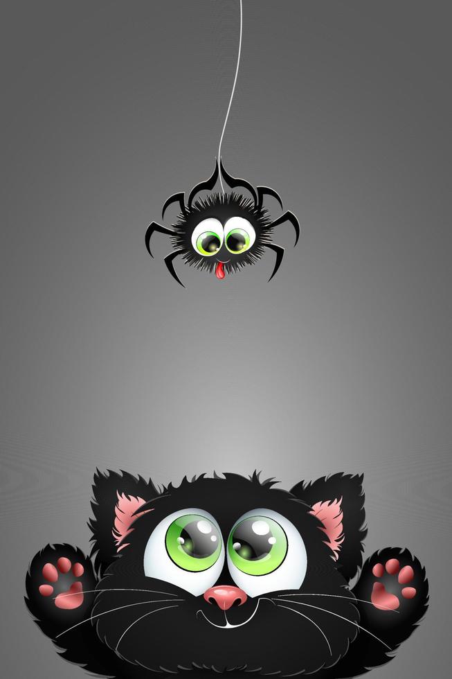 Cute fluffy Black cartoon cat playing with spider, which teasing him vector