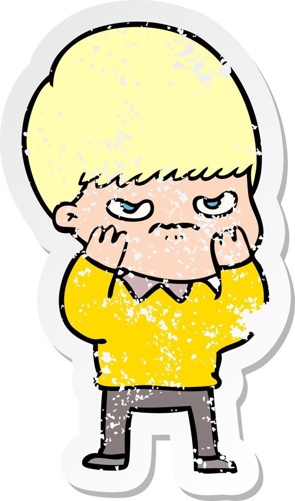 distressed sticker of a annoyed cartoon boy vector